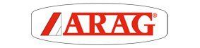 A red and white logo for a company called arag.