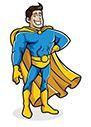 A cartoon of a man in a superhero costume with a cape.
