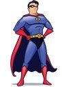 A man in a superhero costume is standing with his hands on his hips.