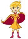 A cartoon girl in a yellow dress and red cape is standing on a white background.