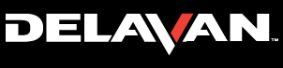 A white delavan logo on a black background
