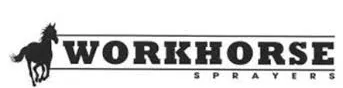 A black and white logo for workhorse sprayers with a horse on it.