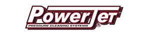 A red and white logo for power jet pressure cleaning systems.