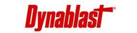 A red dynablast logo on a white background