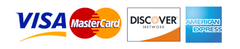 Logos for Visa, Mastercard, Discover, and American Express credit cards.