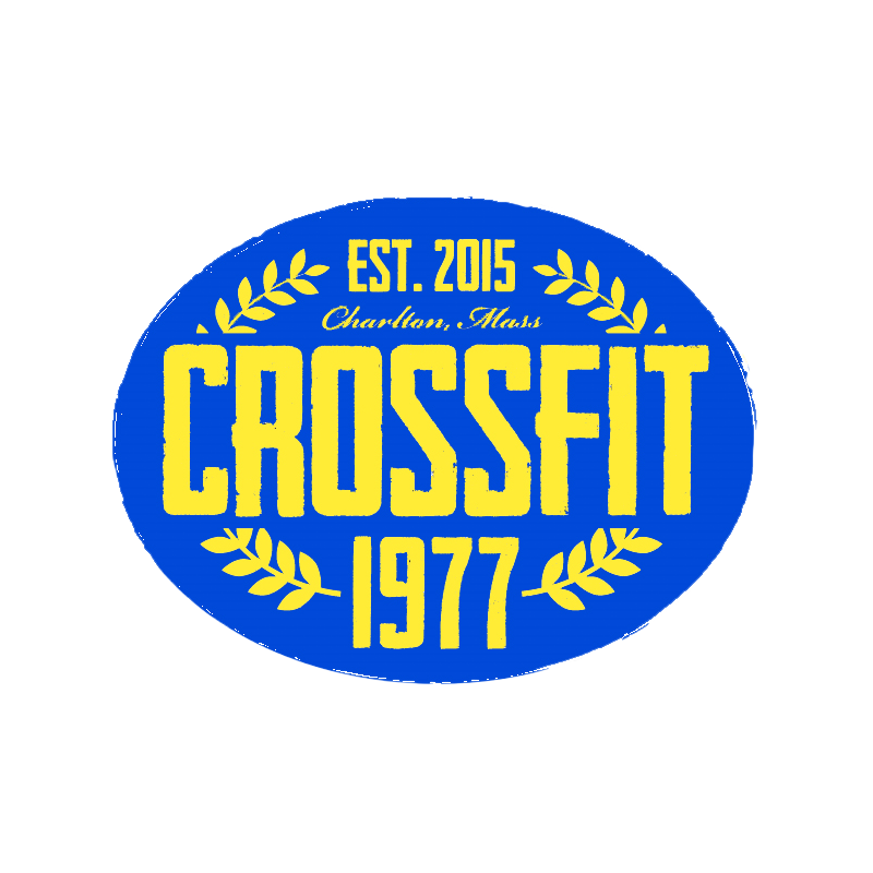 Blue and yellow CrossFit logo: Oval shape with "CROSSFIT" and "1977" inside. Est. 2015, Charlton, Mass.