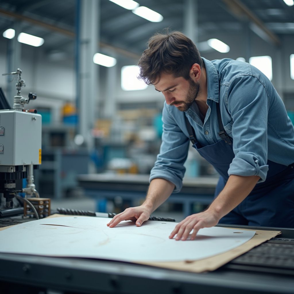 Man in workshop wearing apron, looking at blueprints on a table with a machine in the background.