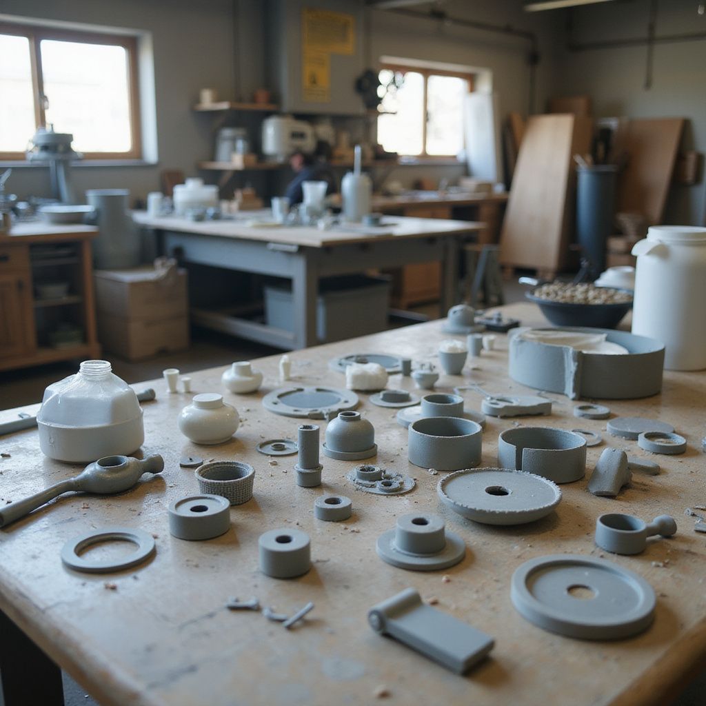 Ceramics workshop with various gray ceramic pieces on a wooden table. Other tables and tools in background.