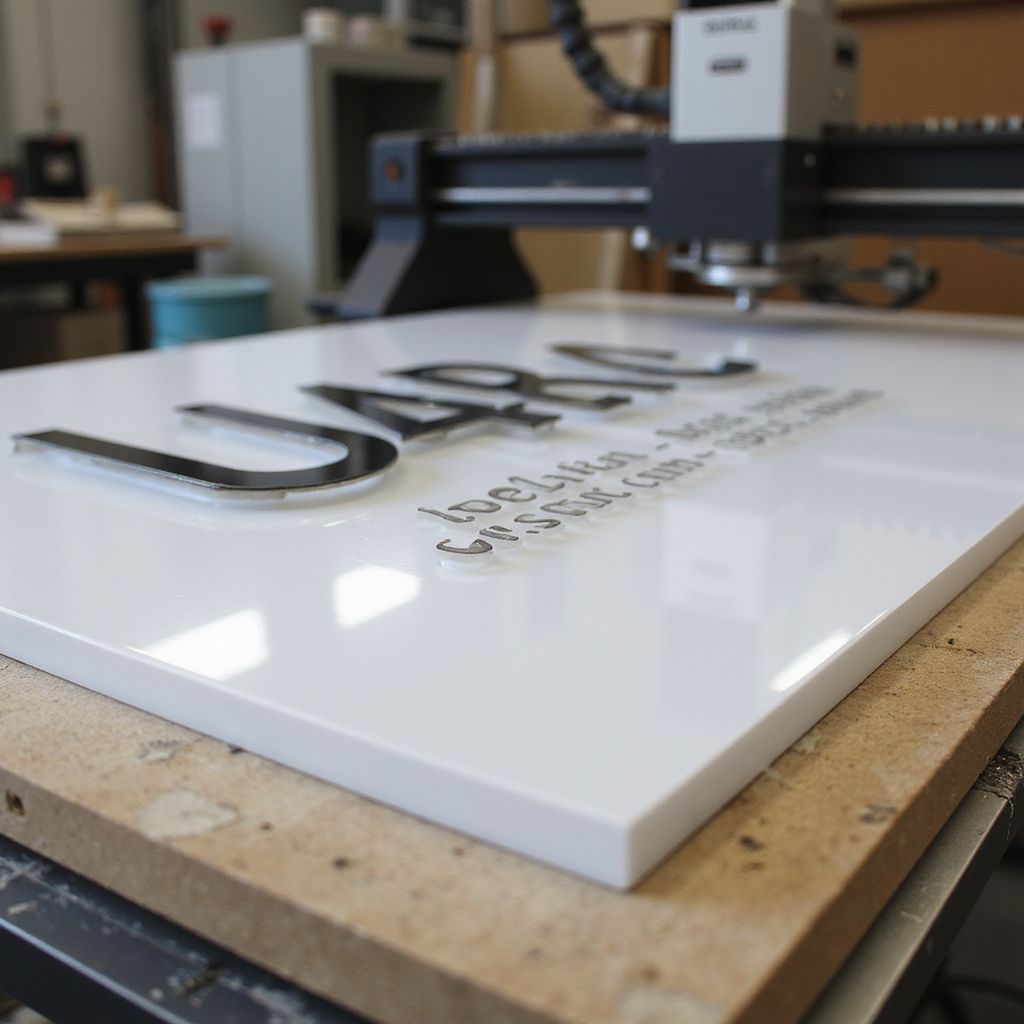 CNC machine carving white acrylic sign with the word