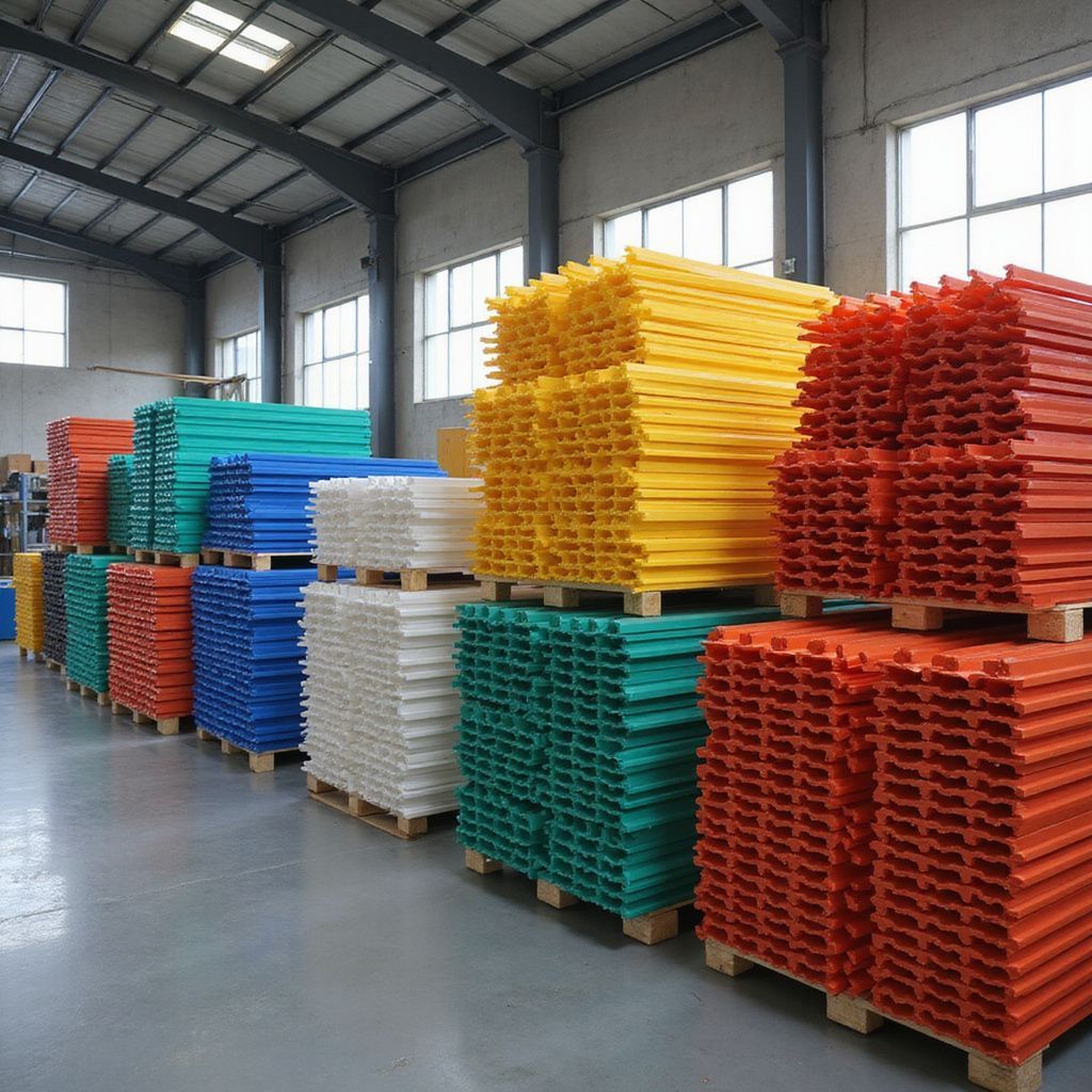 Stacks of colorful plastic beams on wooden pallets inside a warehouse.