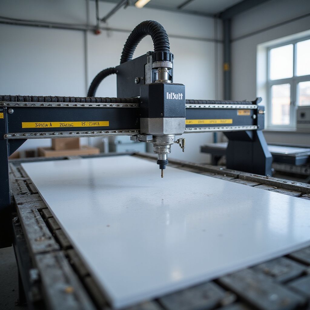 CNC machine cutting a white rectangular panel in a workshop.