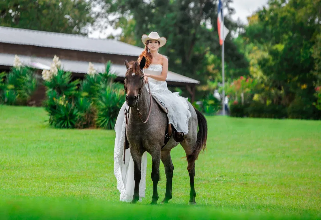 Bride in a white dress and cowboy hat sits on a dappled horse outdoors, in front of a building.