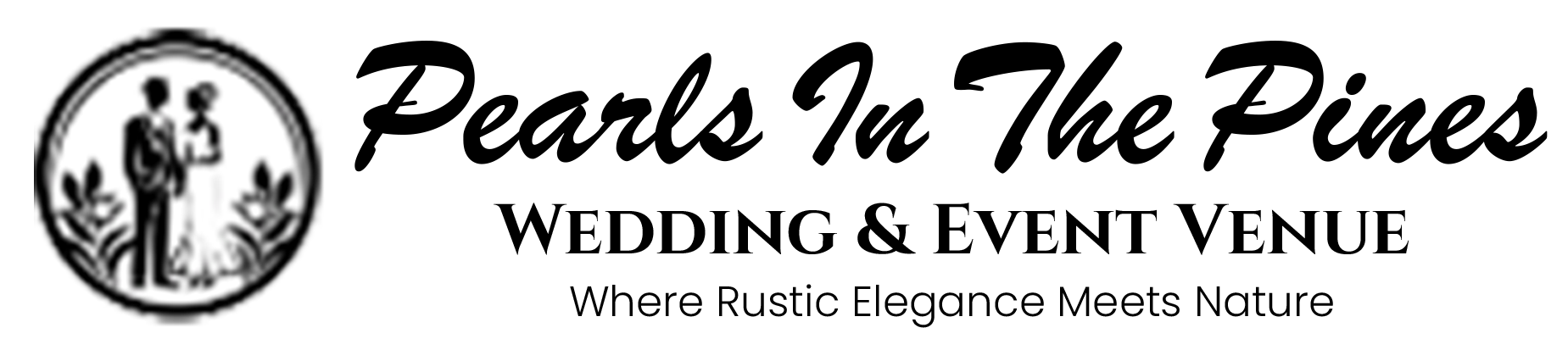 Logo for Pearls In The Pines, a wedding and event venue. Features a bride and groom in a circle.