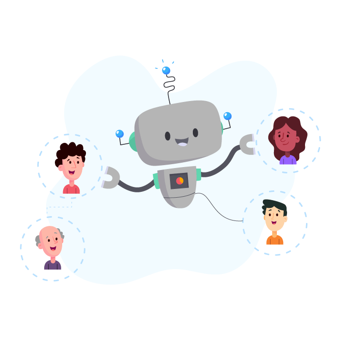 Docsie AI robot connecting four people as part of a team so they can collaborate on documentation