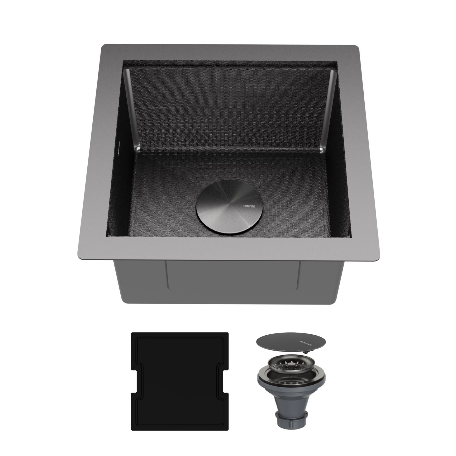 A dark gray square kitchen sink with drain and matching black accessories.