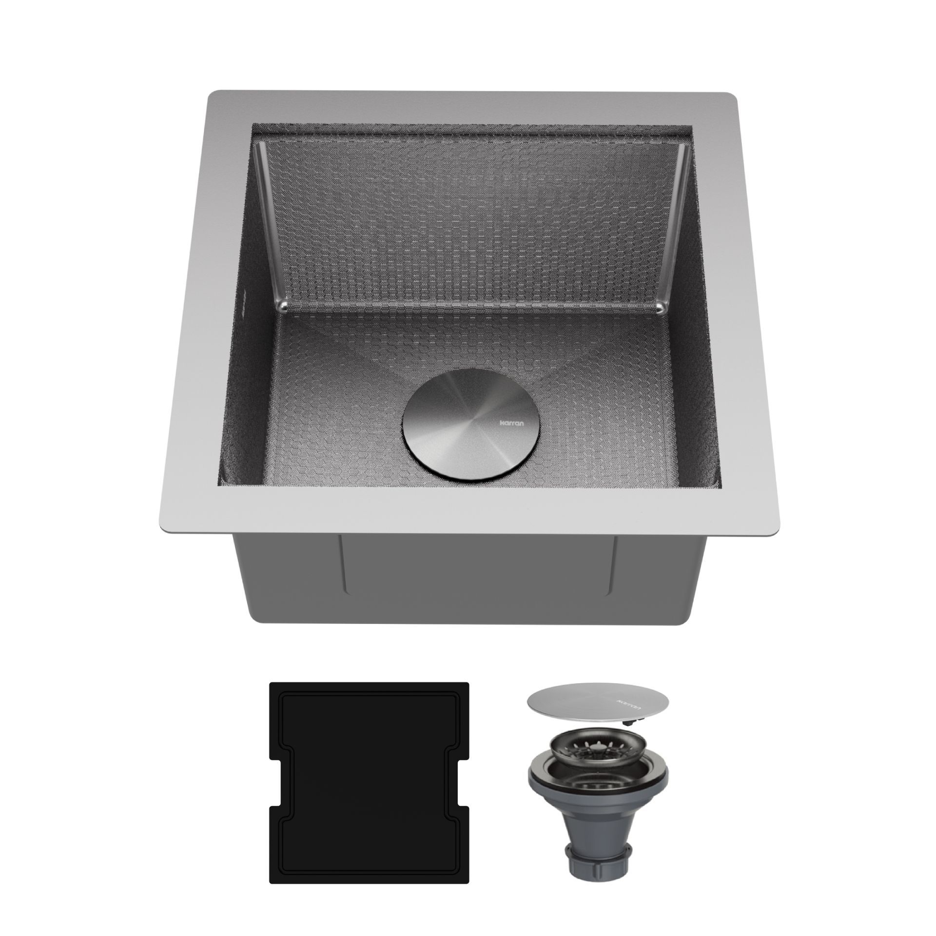 Stainless steel square sink with drain assembly and black block.