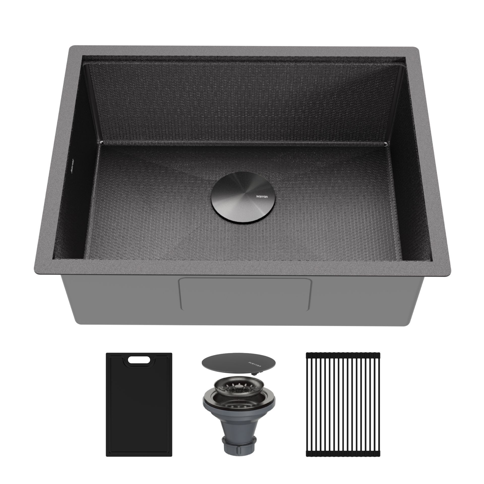 Dark gray kitchen sink with accessories: cutting board, drain, and grid.