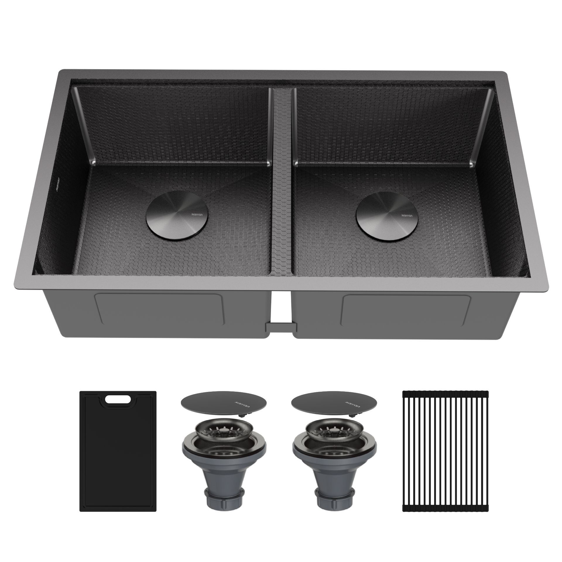 Black double-bowl kitchen sink with included drain parts, cutting board, and rack.