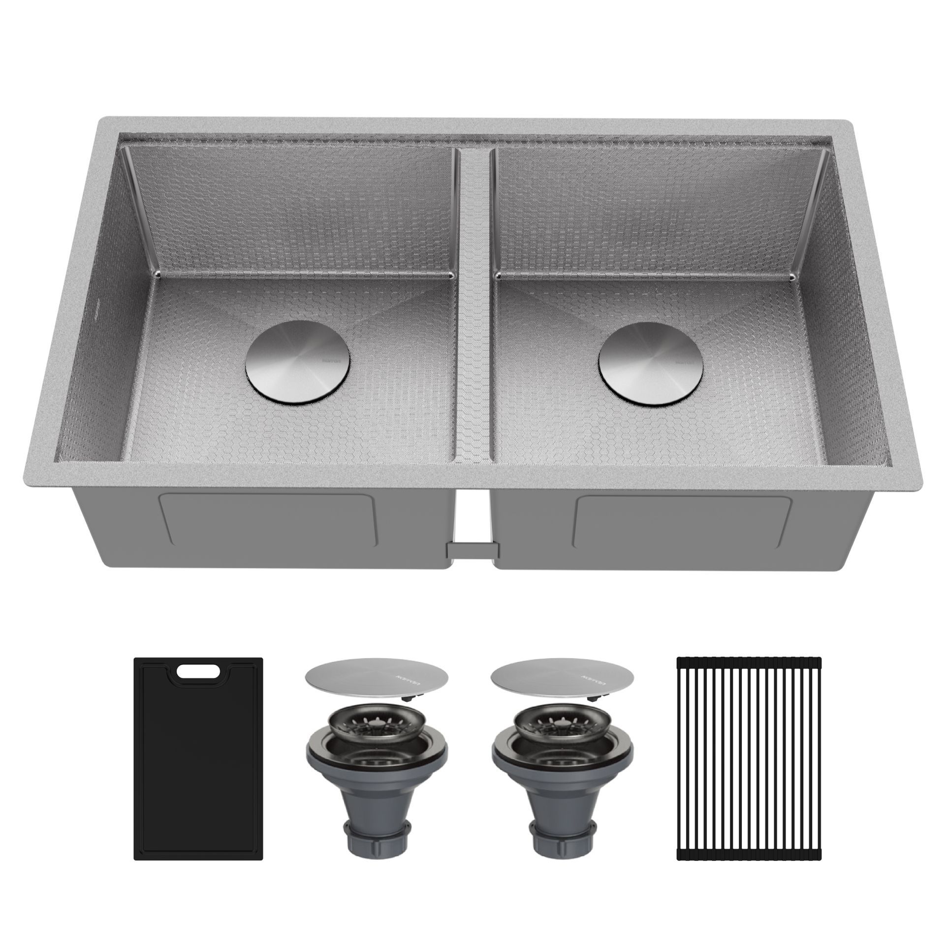 Stainless steel double kitchen sink with accessories: cutting board, drain stoppers, and a grid.