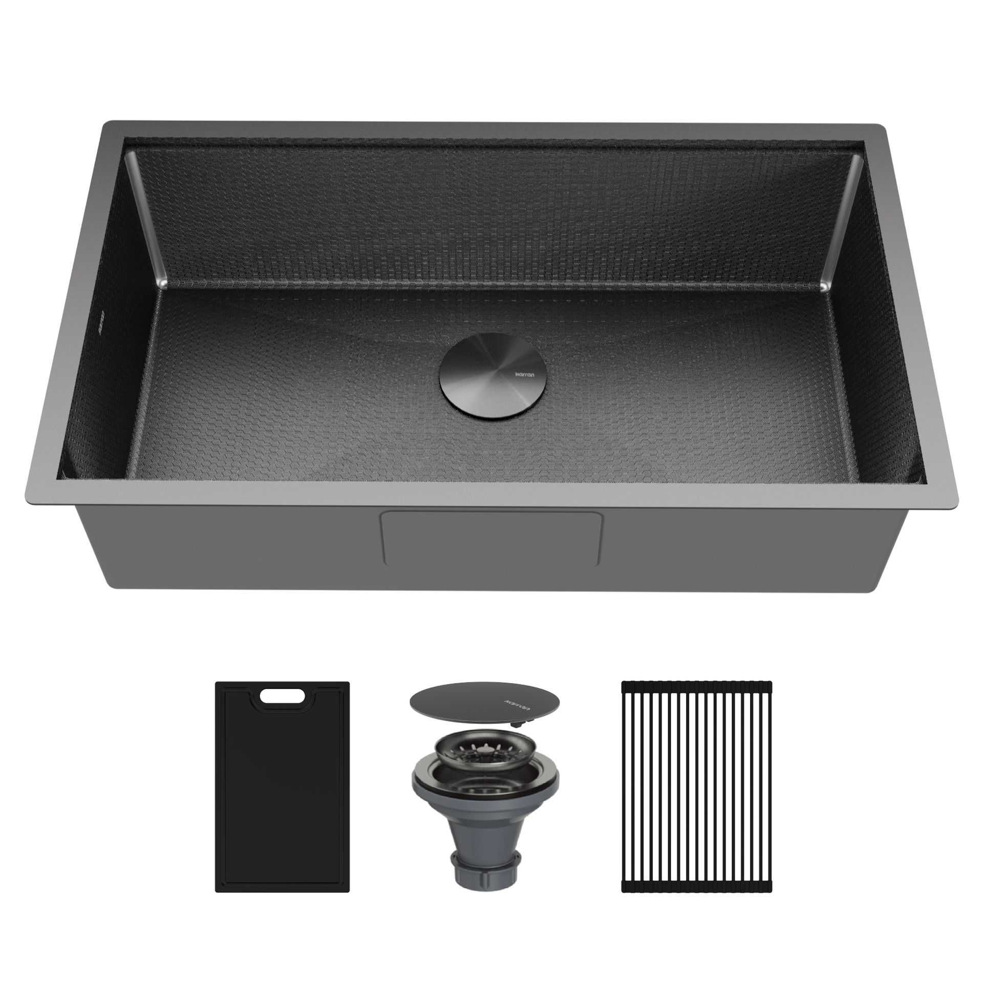 Black granite kitchen sink with included accessories: cutting board, drain, and grid.