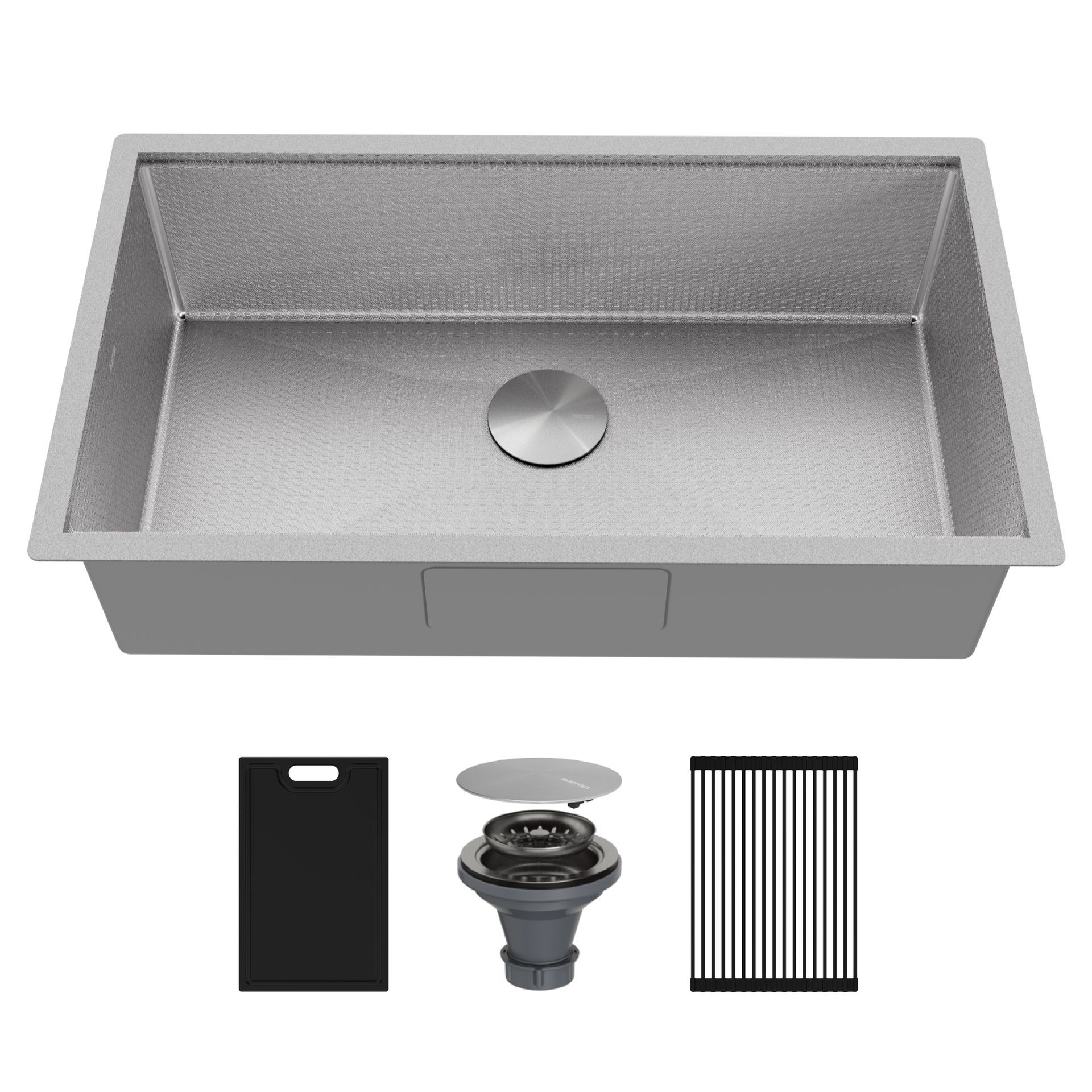 Stainless steel kitchen sink with included drain, cutting board, and rack.