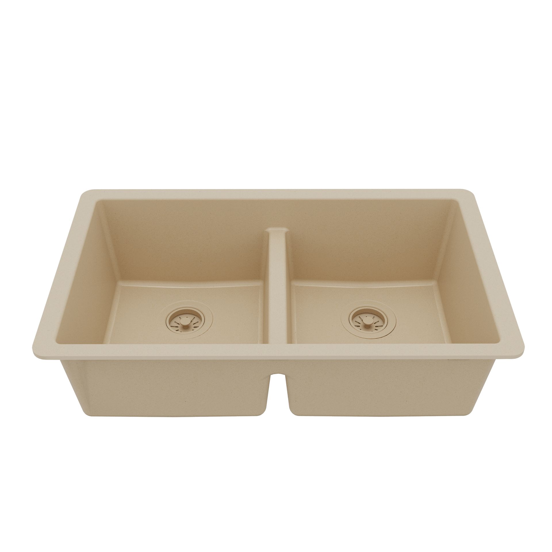 Beige double-basin kitchen sink. Rectangular shape with drain openings.