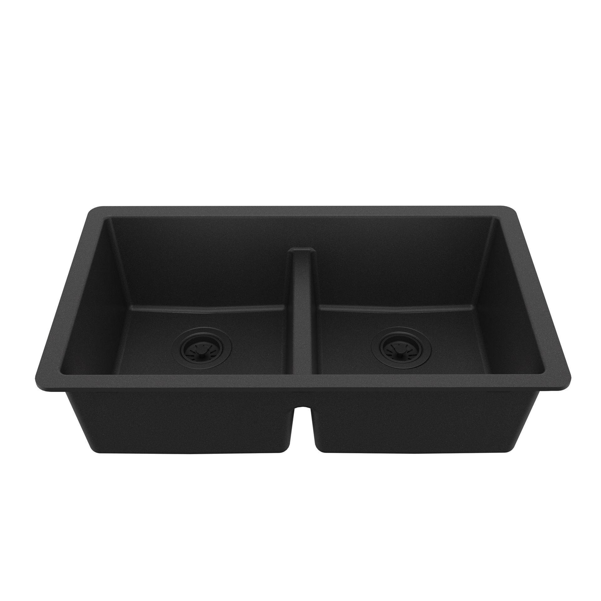 Black double-basin kitchen sink with two drain openings.