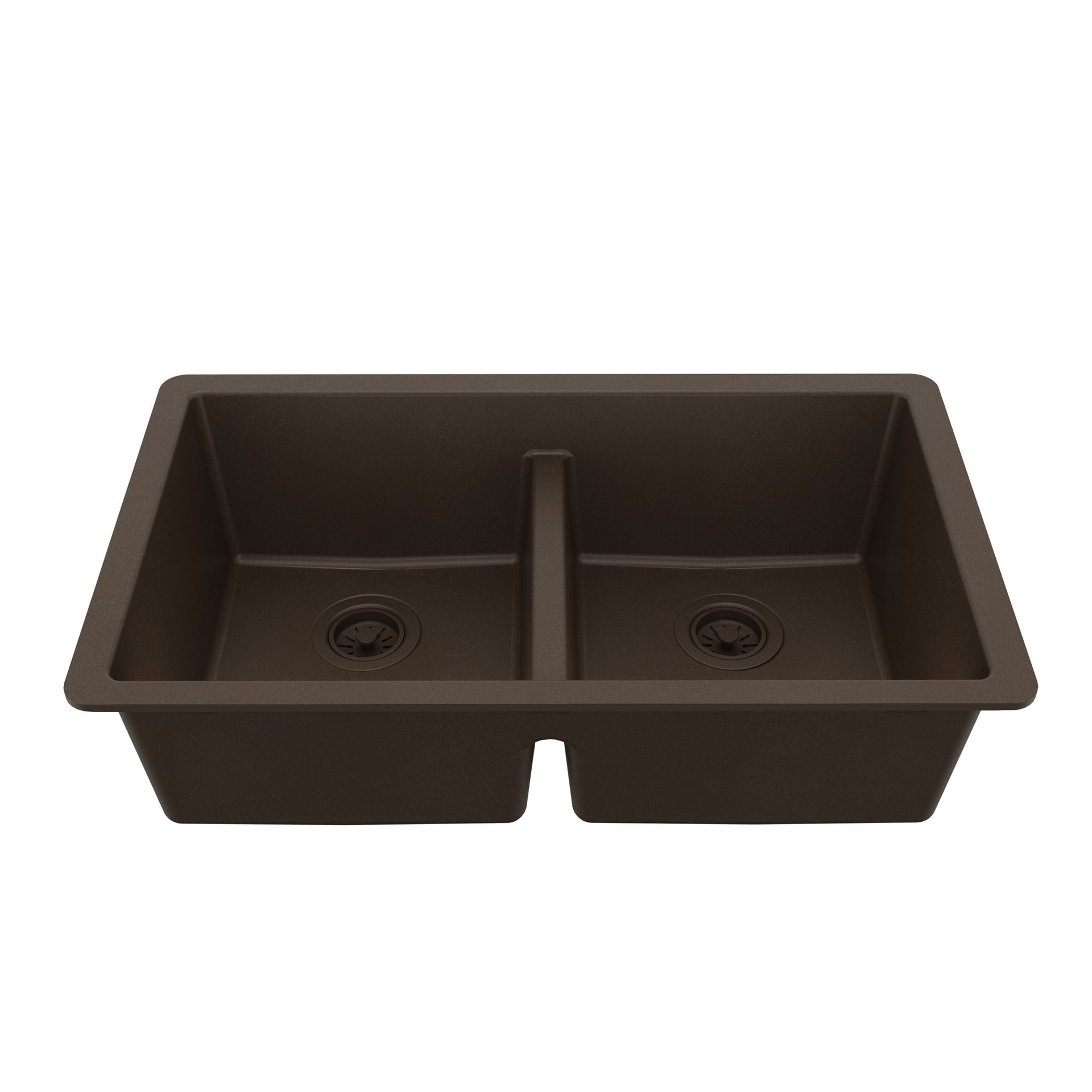 Brown double-basin kitchen sink with two drain openings.