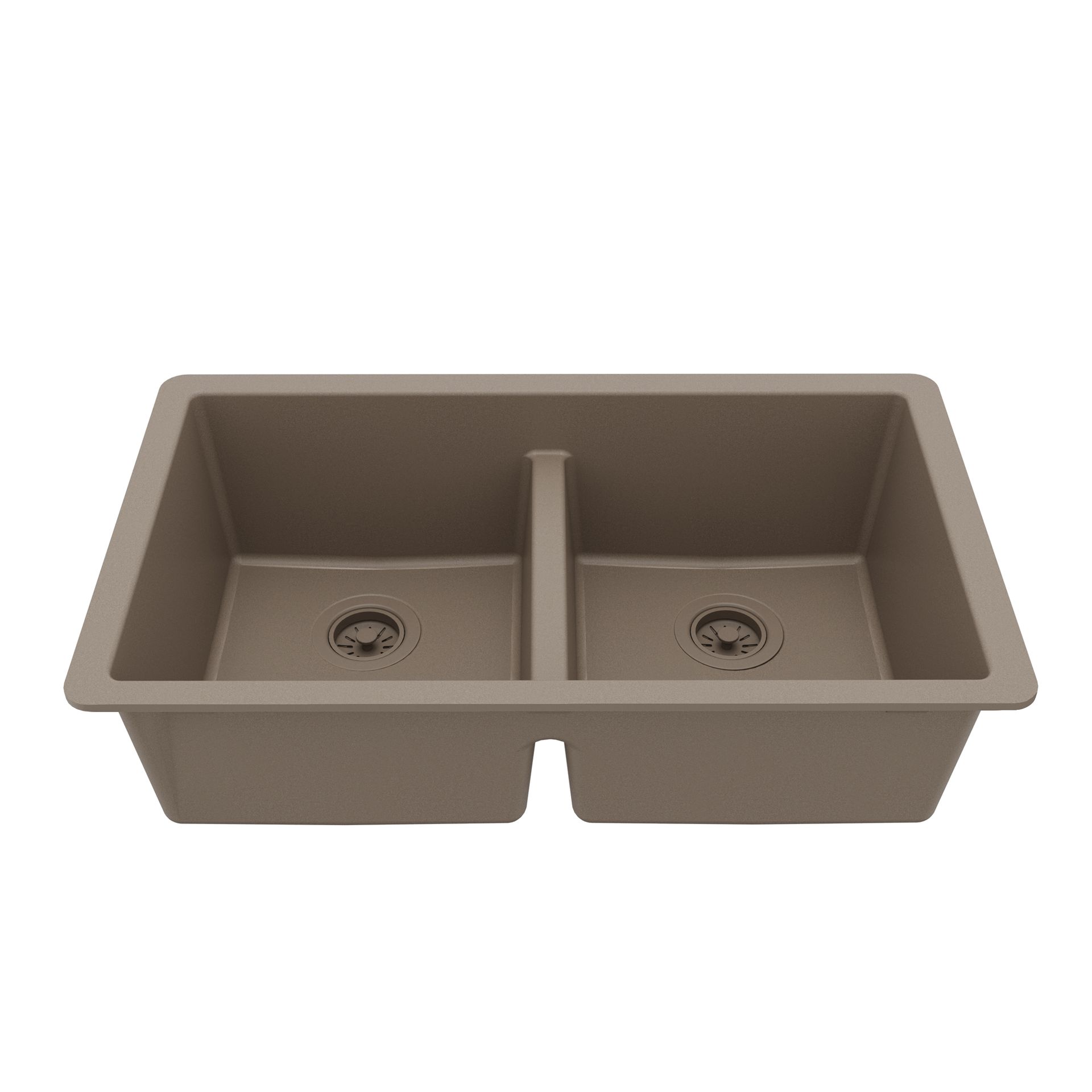 Brown double-bowl kitchen sink with two drain holes.