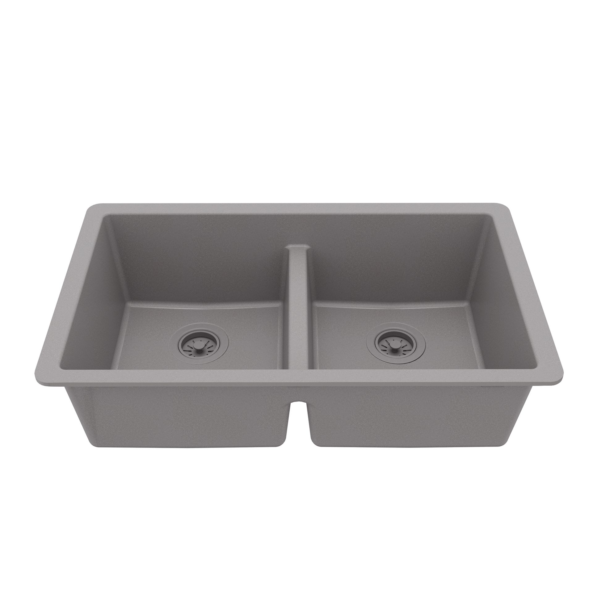 Gray, double-basin kitchen sink with two drains and a divider.