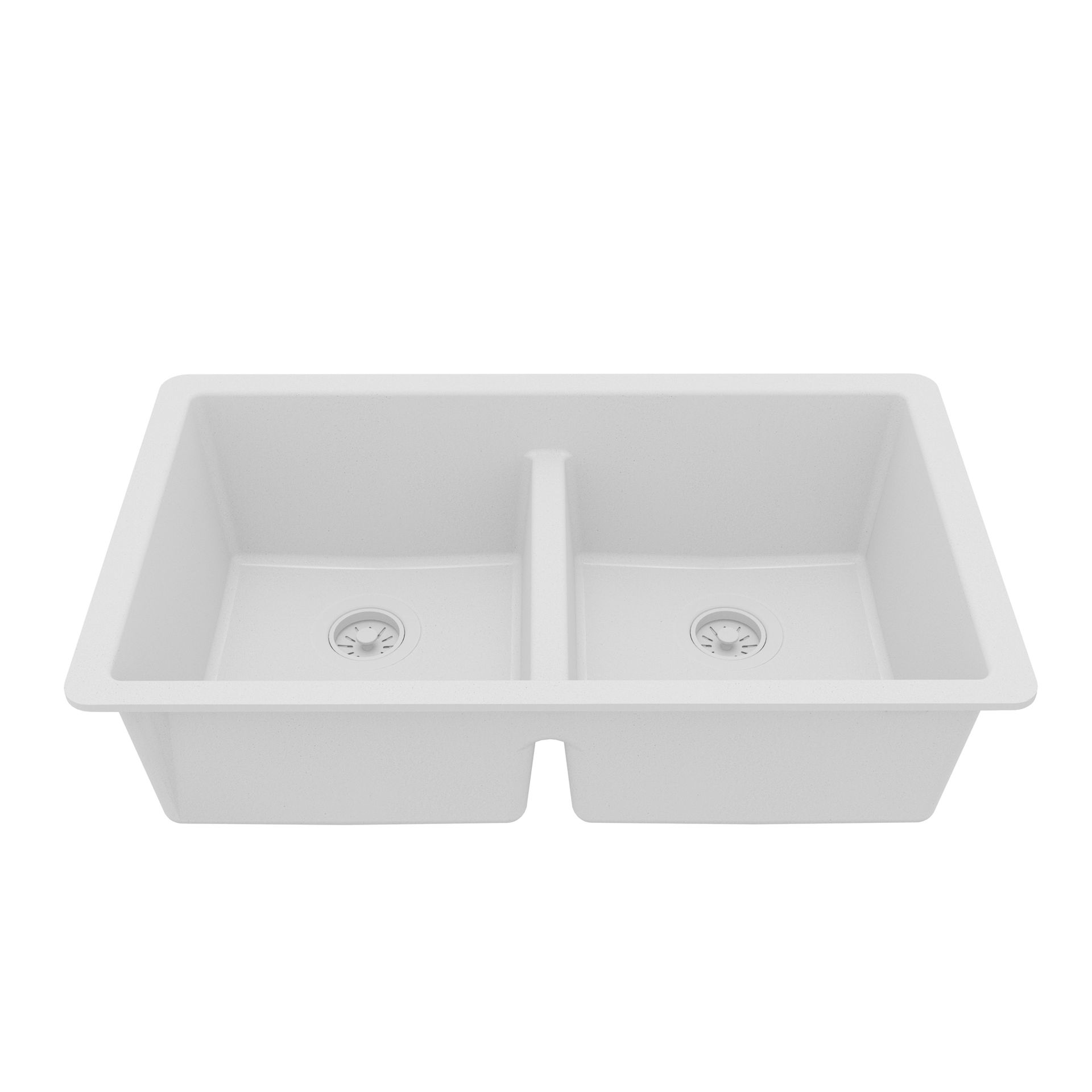 White double-basin kitchen sink with two drains and a divider.