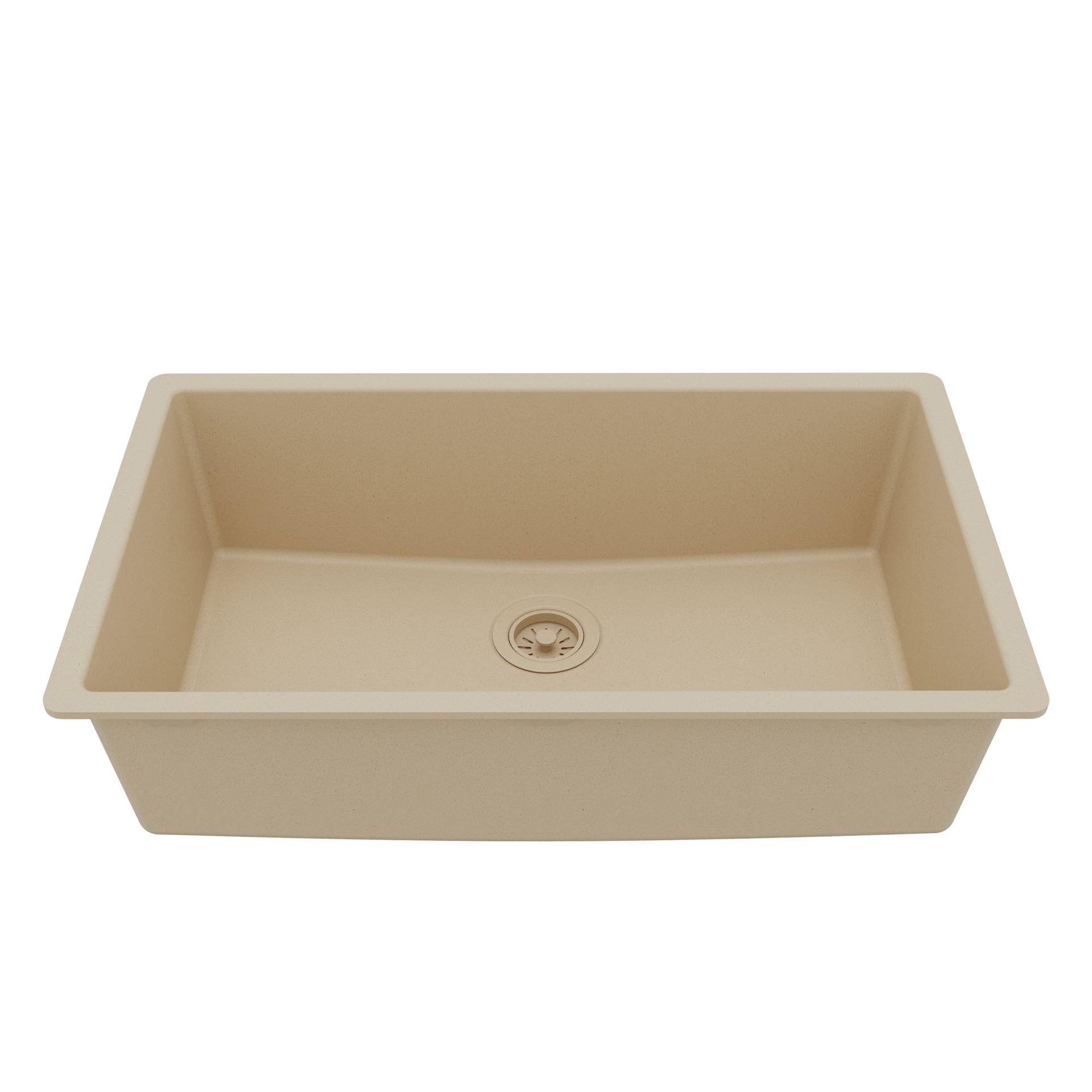 Beige rectangular kitchen sink with a drain.