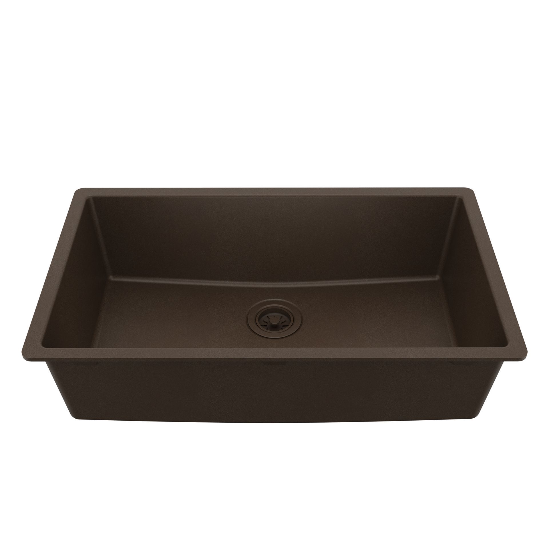 Brown rectangular kitchen sink with central drain.