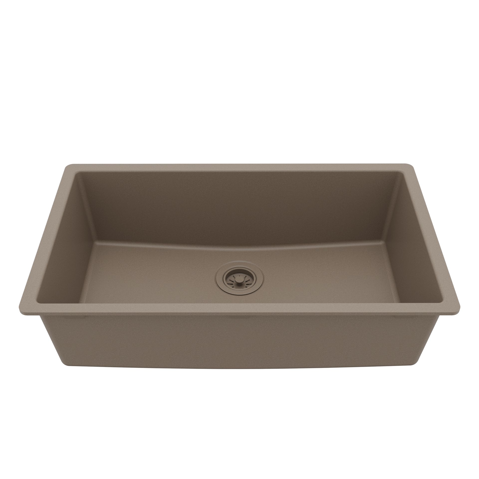 Tan rectangular kitchen sink with drain.