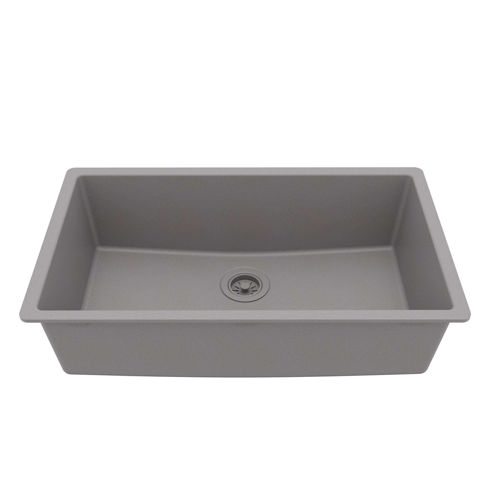 Gray rectangular kitchen sink with drain.