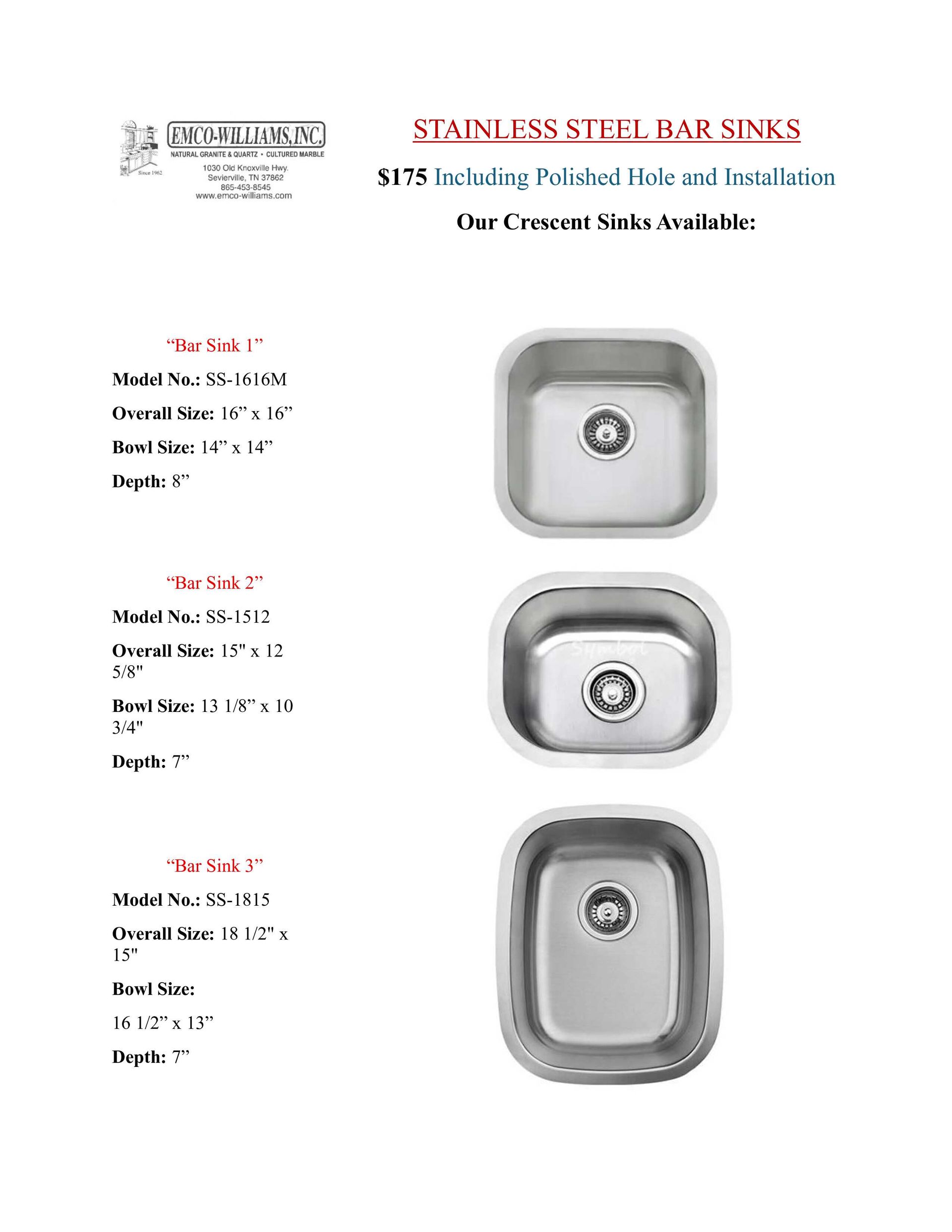 Stainless steel bar sink product sheet. Displays three sink models with specifications.