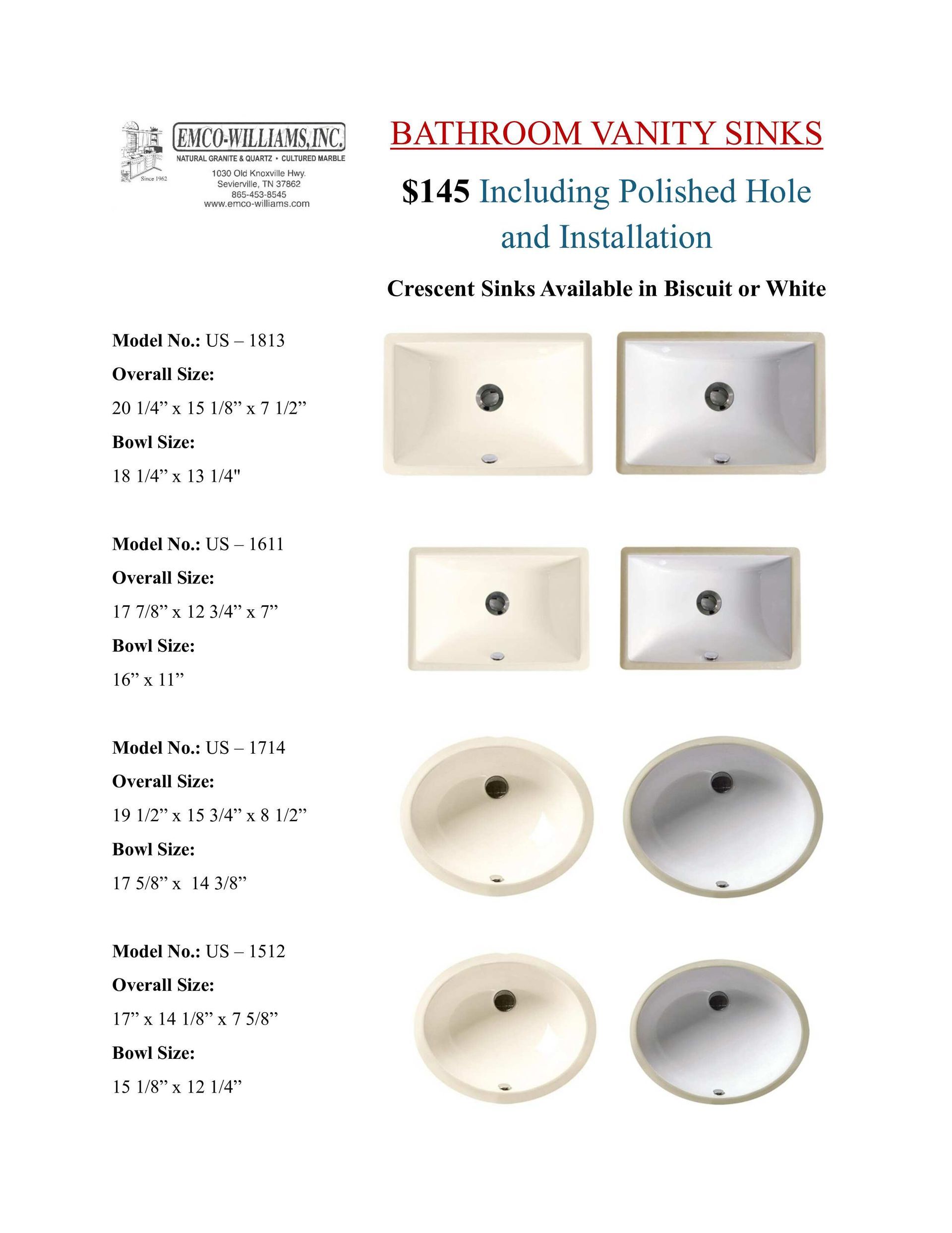 Bathroom vanity sink options: $145 each. Beige or white sinks displayed; rectangular and oval shapes are available.