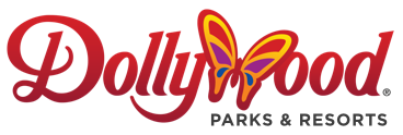 The logo for dollywood parks and resorts has a butterfly on it.