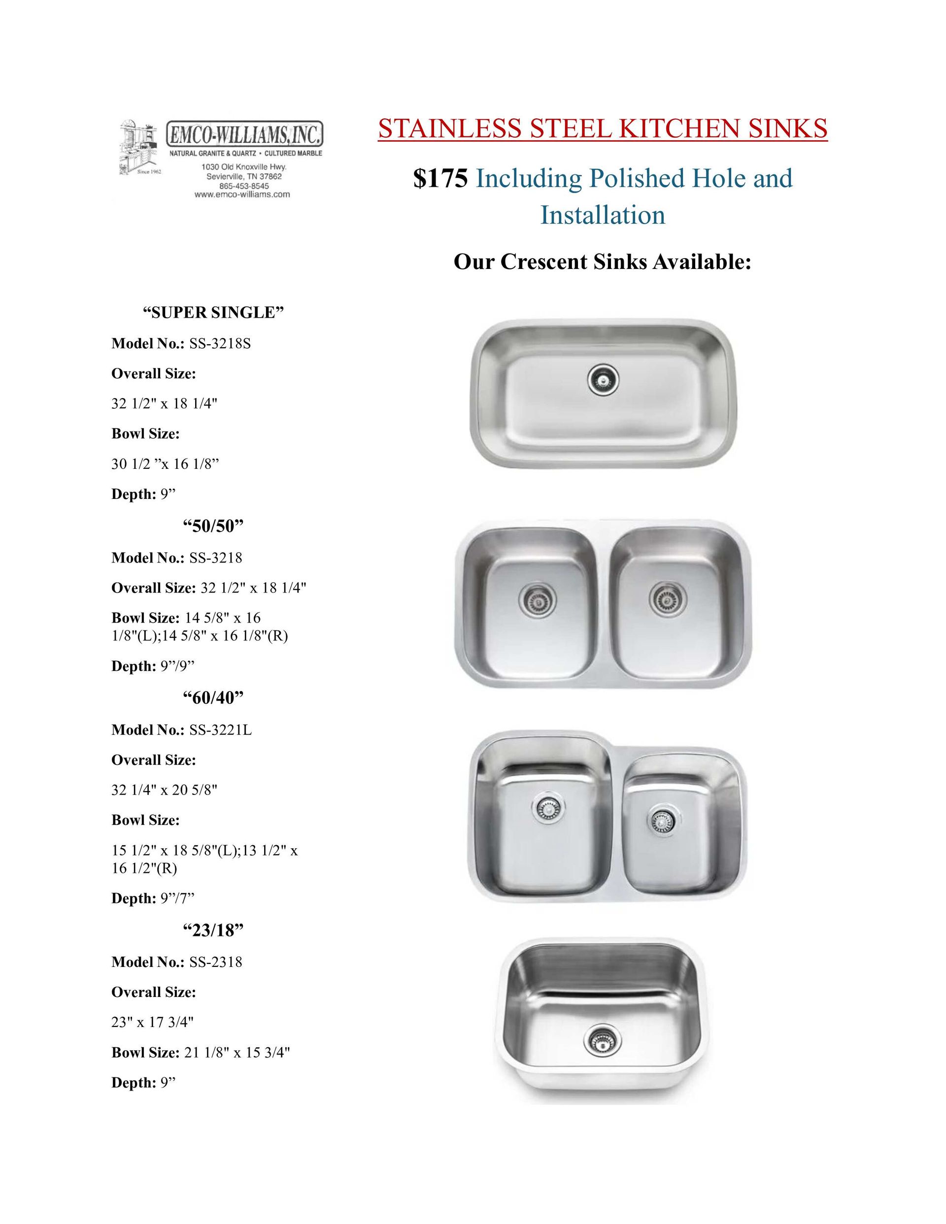 Stainless steel kitchen sinks with different basin configurations and specifications.