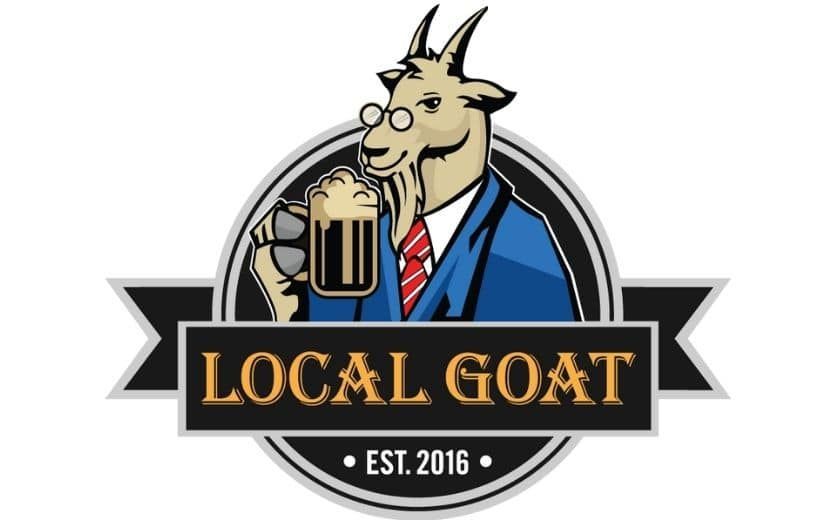 The logo for local goat shows a goat in a suit and tie holding a beer mug.