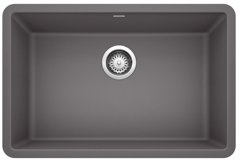 Dark gray rectangular kitchen sink with a stainless steel drain.
