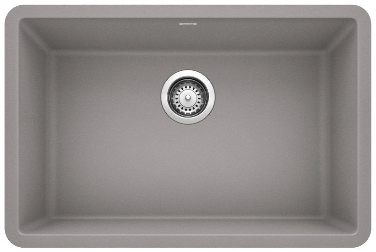 Gray rectangular kitchen sink with central drain.