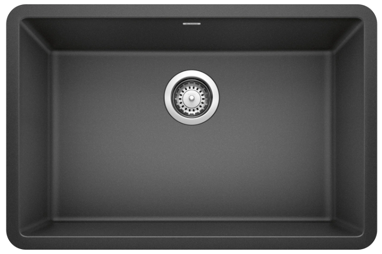 Dark gray rectangular kitchen sink with a circular drain and stainless steel strainer.