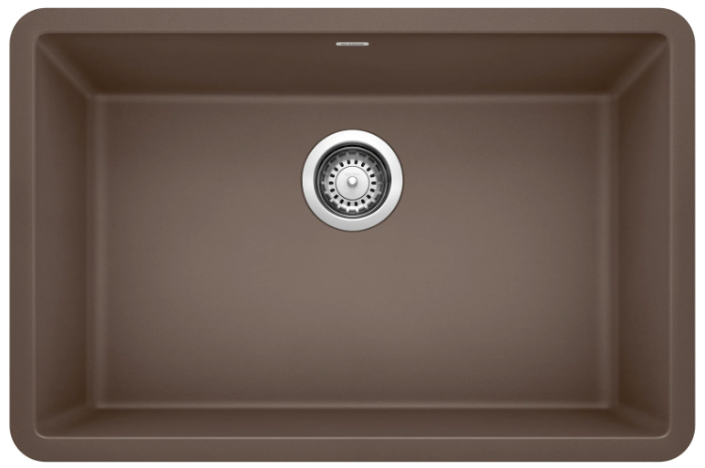 Brown rectangular kitchen sink with a circular drain in the center.