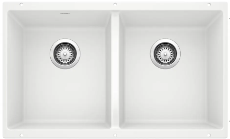 White double-bowl kitchen sink with two drain holes.