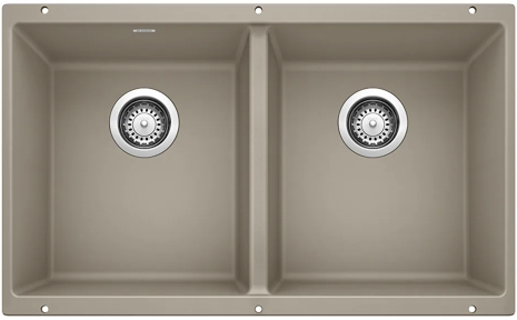 Tan double-basin kitchen sink with two drain openings.