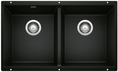 Black double-basin kitchen sink with two stainless steel drains.