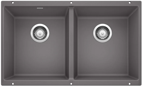 Dark gray double kitchen sink with two drain openings.