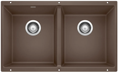Brown double-basin kitchen sink with two stainless steel drain baskets.