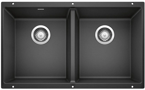 Dark gray double kitchen sink with two round drain openings.